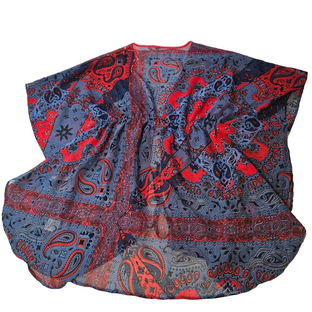Live 4 Truth Red/Blue Paisley Sheer Front Tie Kimono,Duster,Cover-Up SZ M